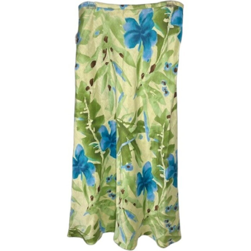 Valerie Stevens Linen/Silk Floral Maxi Skirt - Green/Blue/Yellow - 14